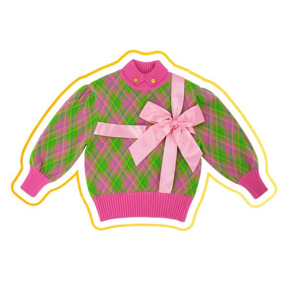 Motoguo Designer 100% Merino Wool Bow Argyle Turtleneck Sweater Pink Green Small - Picture 5 of 14
